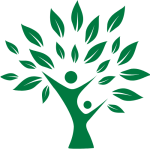 An adult and child forming the shape of a tree with leaves